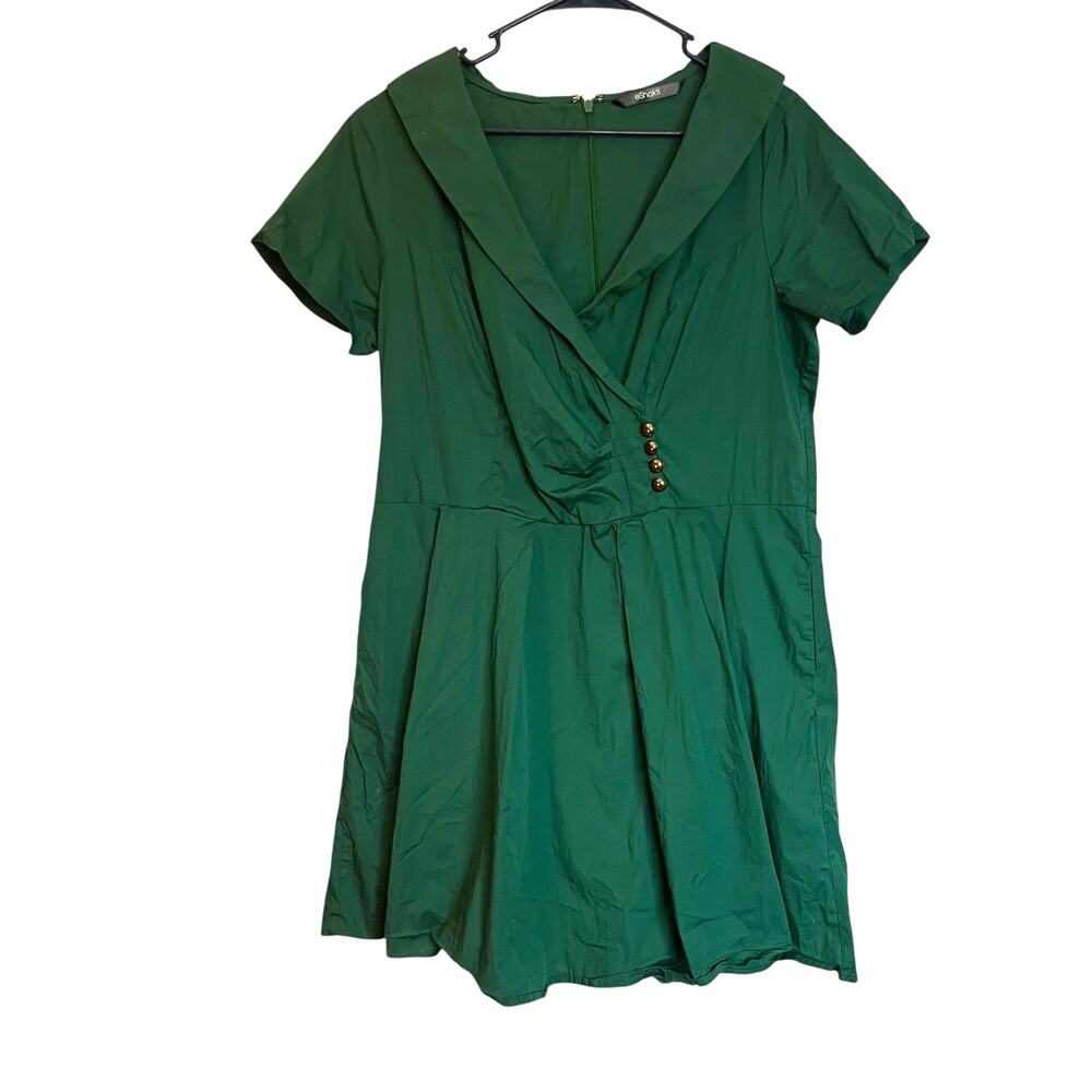 eShakti Shawl Collar Surplice Poplin Dress Emerald Green Mini Pleated Oz Size L